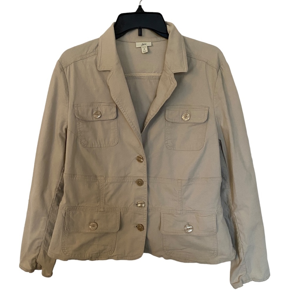 J. Jill Stretch button up cotton blend Khaki Jacket Tan/Beige 4 pocket sz M